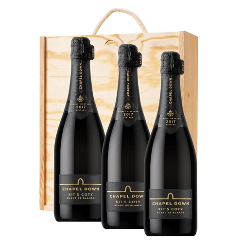 Chapel Down Kits Coty Blanc de Blancs 2017 Vintage English Sparkling 75cl Treble Pine Wooden Gift Boxed (3x75cl)